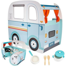 Wooden Play Camper Van Toy Playset W Steering Wheel, Kitchen, Stove, Oven, Bed, Pillow, Pretend Shower, Curtains, Personalization Stickers- Fun Indoor Camping Or Travel Rv Adventure- Ages 3+ Gift