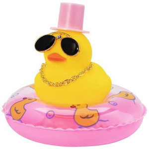 Wonuu Swim Ring Rubber Ducks With Mini Diamond Glasses Hat Necklace For Cars Dashboard Decorations Car Accessories Toy Duck Car Ornament, Pink Magic Hats With Pink Duck Ring