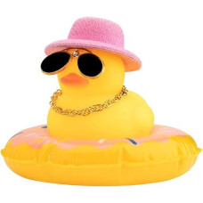 Wonuu Swim Ring Rubber Ducks With Mini Diamond Glasses Hat Necklace For Cars Dashboard Decorations Car Accessories Toy Duck Car Ornament