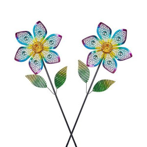 Venniy Wind Spinner With Metal Stake, Outdoor Garden Pinwheels Spinners Hollow-Out Flower Shape Design For Yard Lawn Patio Decor (2 Pack)