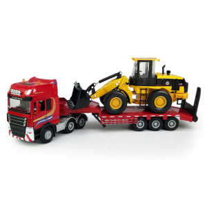 Flatbed Truck Toy With Excavator Loader Tractor Bulldozer Semi Tow Truck Transport Trailer Metal Diecast Construction Vehicles 2 In 1 Vehicle Playset Friction Powered Toy Trucks For Boys Kids Gift Red