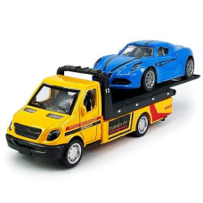 Flatbed Truck Toy Rescue Tow Truck Transport Trailer Car Carrier Metal Diecast Pull Back Vehicles 2 In 1 Vehicle Playset Toy Trucks For Boys Kids Toddlers Birthday Gifts For Age 3 4 5 6, Yellow