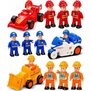 Funerica 12-Pcs People Figures And Toy Cars Playset - Fireman, Police, Construction Workers - Pretend Play Vehicle & Figurine Set Accessories For Kids - Emergency Rescue & Construction Toys