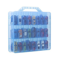 Kislane Double Sided Toy Car Storage Case For 48 Toy Cars, Matchbox Cars, Mini Toys, Small Dolls, Portable Transparent Storage Case For Toy Cars, Matchbox Cars, Case Only (Blue)