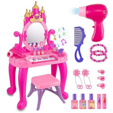 Vanity Makeup Table Toy With Adjustable Mirror, Comfortable Seat, Electronic Organ, Lights, And Music For Little Girls - Spark Imagination With Our Toddler Vanity Set