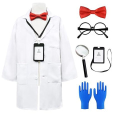 Zzihan Scientist Costume For Kids Lab Coat Costume Mad Scientist Doctor Costume With Magnifying Glass Goggles Experiment Gloves Bow Tie Toddlers Boys Girl Birthday Party Halloween Dressing Up 7-8Years