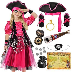 G.C Girls Pirate Costume For Kids Toddlers Dress Up Pretend Play Pirate Clothes Dress With Accessories Hats Toys Pirate Party Favors Deluxe Halloween Cosplay Buccaneer Princess Outfit Set Size 3-10