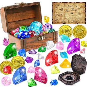 Yujun Diving Gem Pirate Toys Colorful Pool Acrylic Diamonds Pirate Treasure Chest Gold Coins With Underwater Swimming Throw Pirate Toy For Kids Birthday Summer Swimming Pool Party Favor