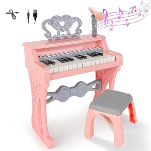 Deao Children'S Piano For Girls, Children'S Musical Piano Keyboard Toys, Electronic Piano Toy With Stool And Microphone, 25 Keys, 22 Songs, Pink