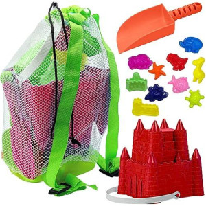 4E'S Novelty Beach Toys For Kids With Bag, Sand Castle Beach Bucket With Shovel & Large Molds - Beach Toys For Kids 3-10, Sand Toys For Toddlers With Mesh Beach Bag