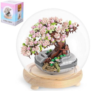 Rsdhfly Sakura Bonsai Building Kit,Flower Botanical Collection Construction Building Toy,Toy Building Block With Glass Cover，Building Blocks Set For Adults And Kids