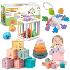 Plunack 4-In-1 Baby Toys For 6-12 Months, Montessori Soft Stacking Blocks For Babies, Infants Teething Toys, Sensory Balls And Educational Learning Set For Toddlers (Boys & Girls)