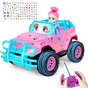 Ynanimery Remote Control Car- Rc Truck Car With Diy Stickers And Doll For Kids Girls Birthday, 1:20 Scale Rc Truck Full Functions Creative Racing Car For Toddlers Kids Indoor Outdoor Games, Pink