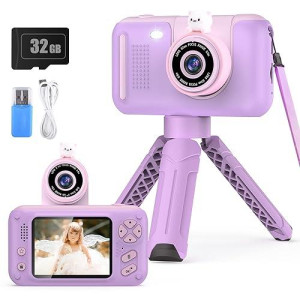 Purulu Upgraded Real 1080P Kids Camera With Flip-Up Lens For Selfie & Video, 32Gb Sd Card Included, 2.4" Screen Camera Toy For 4-12 Years Old Girls Boys On Birthday Party As Gift, Purple