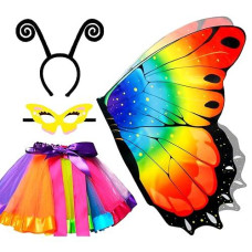 Irolewin Toddlers Kids Butterfly-Wings-Costume For Girls Halloween Costumes Fairy Butterfly Cape Rainbow Tutu Headband