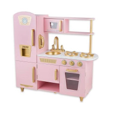 Woodenedu Kitchen Playset For Kids Ages 3-8, Wooden Pretend Play Kitchen, Including Telephone, Ice Maker, Refrigerator, Dimensions: 35” H X 31” W X 12” D (Pink)