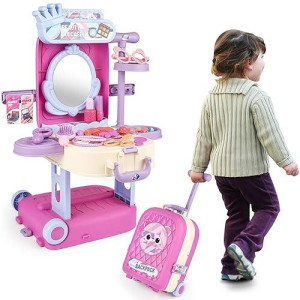 Deao 2 In 1 Makeup Table For Toddler Girls Vanity & Suitcase Set With Fashion Accessories Pretend Play Travel Suitcase Fashion Beauty Set For Girls