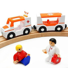 Magnetic Trains Cars Playset Wooden Train Track Accessories Station Wagon Train Set For Toddlers 3-5 Wooden Train Sets For Boys Girls Ages 3-4-7 (Ambulance B (With Light And Sound))