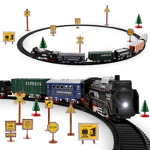 Deao Train Set With Light For Kids, Cargo Cars And Long Track For Boys & Girls Aged 3-12, Train Toys Railway Kits With Signposts & Trees, Electric Train Race Track Playset,Great For Birthday & Xmas