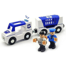 Wooden Train Cars Track Accessories Set Police Car With Light And Sound Small Vehicles Magnetic Train Cars Fit For Wooden Train Track Railway For Boys And Girls (Police Car(With Light And Sound))