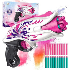 Soft Bullet Toy Pink Dart Blaster, 5-Dart Rotating Drum, 20 Darts, Kids Outdoor Toys Xmas Birthday Gifts For Girls Ages 6+ Years Old