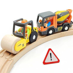 Dshmixia Wooden Train Cars Track Accessories Set Rescue Roller Truck And Mix Truck Toys Small Vehicles Magnetic Train Cars Fit For Wooden Train Track Railway For Boys And Girls (Engineering Set)