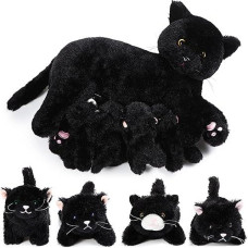 Skylety Nurturing Cat Stuffed Animal With Plush Kittens, Valentine Cat Baby Stuffed For Girls And Boys Plushy Kitty Mommy Cat With 4 Baby Cats For Birthday Party Favors Gifts(Cool Style)