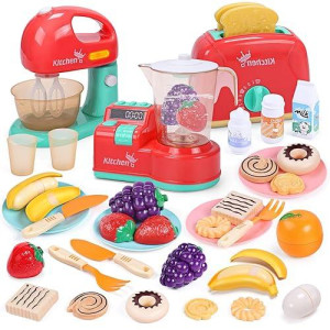 Cute Stone Toy Kitchen Appliances Playset, Kids Kitchen Toy Mixer And Blender With Sound & Lights, Play Toaster, Cutting Play Food, Toddler Play Kitchen Accessories Set For Boys Girls