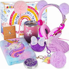 Unicorn Gifts For Girls Age 5 6 7 8 9 10+ Years Old, Birthday Gifts For Girls With 3.5Mm Wired Headphone, Plush Diary, Purse, Water Bottle, Christmas Unicorn Toys For Daughter Granddaughter Ages 6-8