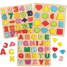 Wooden Puzzles For Toddlers, Wooden Alphabet Number Shape Abc Name Puzzles Toddler Learning Puzzle Toys For Kids, 3 In 1,Montessor Puzzle For Toddlers