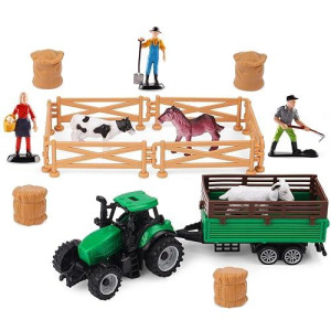 Deao Farm Toys Playset Plastic Animals Figurines, Fence Farm And Farm Tractor Playset Farm Figures Farmer Vehicle Toy Learning Educational Toy Playset Boys Girls Aged 3+