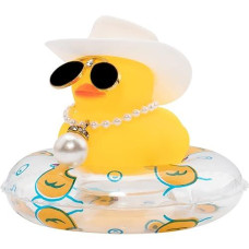 Wonuu Swim Ring Rubber Ducks With Mini Diamond Glasses Hat Necklace For Cars Dashboard Decorations Car Accessories Toy Duck Car Ornament, Cowboy Hat White-Clear With Large Pearl