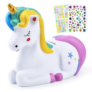 Pjdrllc Piggy Bank Girls: Unicorn Piggy Banks - Unbreakable Plastic Coin Money Bank With Alphabet Stickers - Rainbow