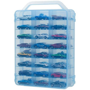 Kislane Double Sided Toy Car Storage Case For 48 Toy Cars, Matchbox Cars, Mini Toys, Small Dolls, Portable Transparent Storage Case For Toy Cars, Matchbox Cars With 48 Slots, Case Only (Blue)