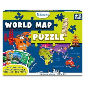 Skillmatics World Map Puzzle - 96 Piece Jigsaw Puzzle, Educational Toy, Geography For Kids, 400+ Facts, Gifts For Boys & Girls Ages 6 To 12