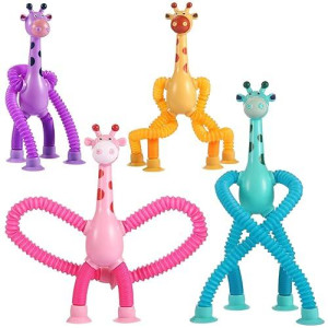 Xonteus 4 Pcs Telescopic Suction Cup Giraffe Toy, Sensory Tube Toddler Travel Toys, Connectable And Extendable Stress Relief Adhd Autism Fidget For Kids, Easter Basket Stuffers For Gifts