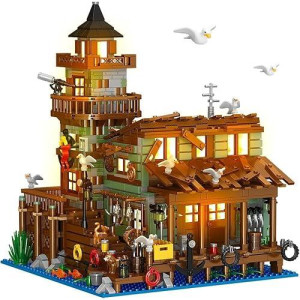 Insoon Fishing Village Store House Building Set With Led Light, 1845Pcs Wood Cabin Mini Building Block Architecture Kit For Adults Boys Girls Ages 8+