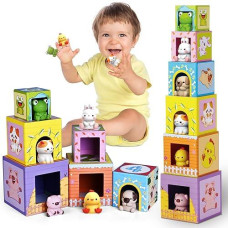 Shylizard Toddler Farm Animal Sorting And Stacking Toys, Nesting Boxes And Blocks With Finger Puppets - Gifts For 1-3 Year Olds