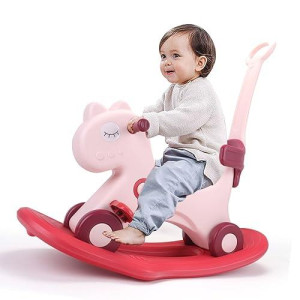 Llparty 4 In 1 Rocking Horse For Toddlers 1-3 Years Old, Baby Rocking Toy Fun Birthday Gift For 1+ Girls, Ride On Toy With Detachable Balance Board And Footrest，Balance Bike With Push Handle，Pink