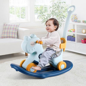 Llparty 4 In 1 Rocking Horse For Toddlers 1-3 Years Old, Baby Rocking Toy Fun Birthday Gift For 1+ Boys, Ride On Toy With Detachable Balance Board And Footrest，Balance Bike With Push Handle，Blue