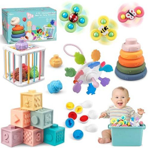 6 In 1 Baby Toys 6 To 12 Months, Montessori Toy For Toddlers 1-3, Infant Teething Babies Toy Stacking Blocks Rings Pull String Toy Sorter Sensory Bin