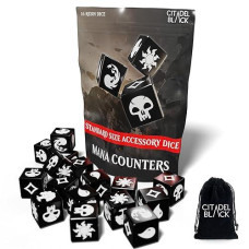 Citadel Black Mtg Mana Dice Set Of 16 Premium Dice - With Velvet Drawstring Pouch, Magic: The Gathering