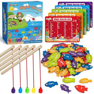 Wooden Magnetic Sight Word Fishing Game For Toddlers, Alphabet Fish Catching Games Puzzle With Letters, Homeschool Sight Word Educational Toy For Age Of 3,4,5,6 Year Old Kids, Boys & Girls