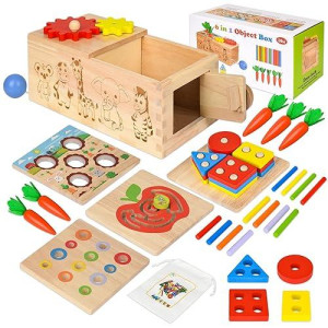 Zofunny 6-In-1 Montessori Toys Play Kit - Wooden Shape Sorter, Busy Board, Carrot Harvest, Color Matching - Toddler Learning Toy Gift For 1, 2, 3 Year Old Boy Girl