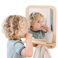 Montessori Wooden And Acrylic Wall Mirror With Hooks For Toddlers - Entryway Mirror With Hooks And Shelf Organizer Self-Care Station