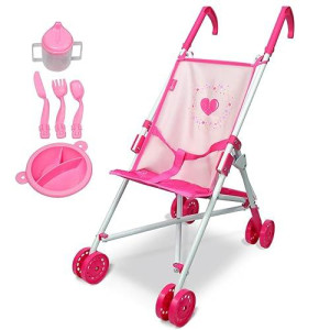 Anivia Doll Stroller Toy Realistic Doll Stroller Heart Design Gifts For Toddlers And Girls Foldable Baby Doll Stroller Toy（Withtoy Tableware）