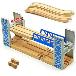 Wooden Train Track Accessories Wooden Crane Toy Set With Train Cars For 3 4 5 Year Old Boys Kids Other Major Wooden Rail Brands Are Compatible (Lift Bridge)