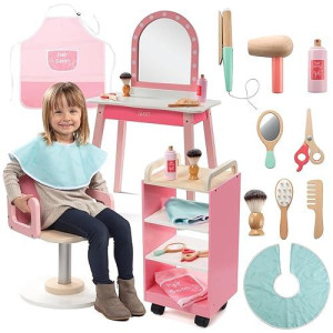 Pretend Hair Salon Wooden Play Set- Full Vanity Mirror W Chair & Rolling Cart- Playset Includes Blow Dryer, Brush, Styling, Cutting Tools - Girls Hair Dresser Stand, Stylist Fun, Kids Beauty Care Gift