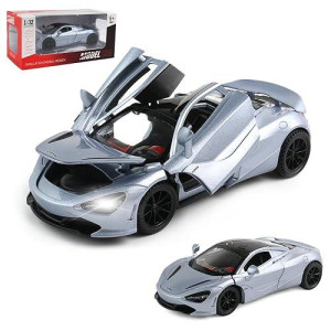 Diecast Toy Car Mclaren 720S Sports Car Model,Zinc Alloy Simulation Casting Pull Back Vehicles,1:32 Scale Mini Supercar Toys With Lights And Music For Toddlers Kids Children Gift (720S-Grey)