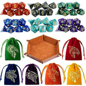 6 Sets Dnd Dice Polyhedral Dice Dungeons And Dragons Rolling Dice For Rpg Mtg Table Games Dice Bulk With Free Six Drawstring Bags And Pu Leather D&D Dice Tray (Single With Brown Tray)